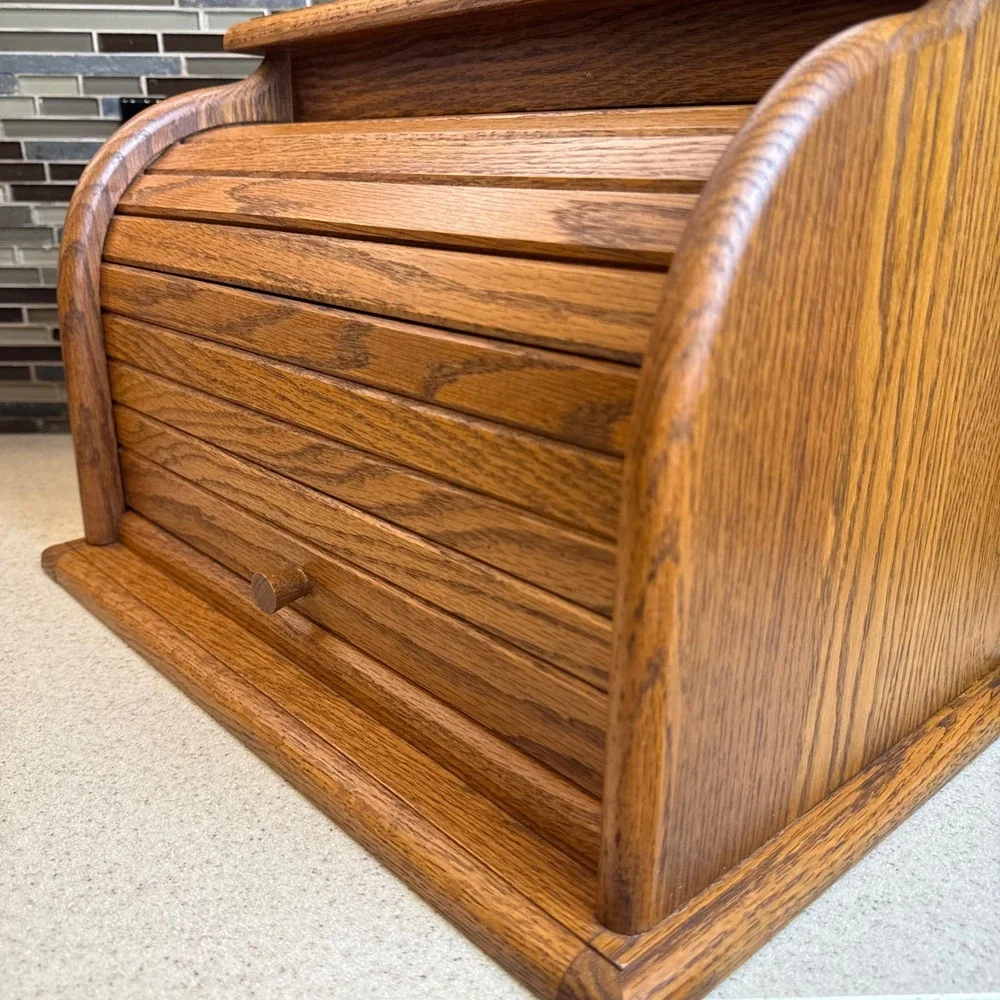 Vintage Solid Oak Roll Top Bread Box Handcrafted Amish Made Rustic Kitchen Decor